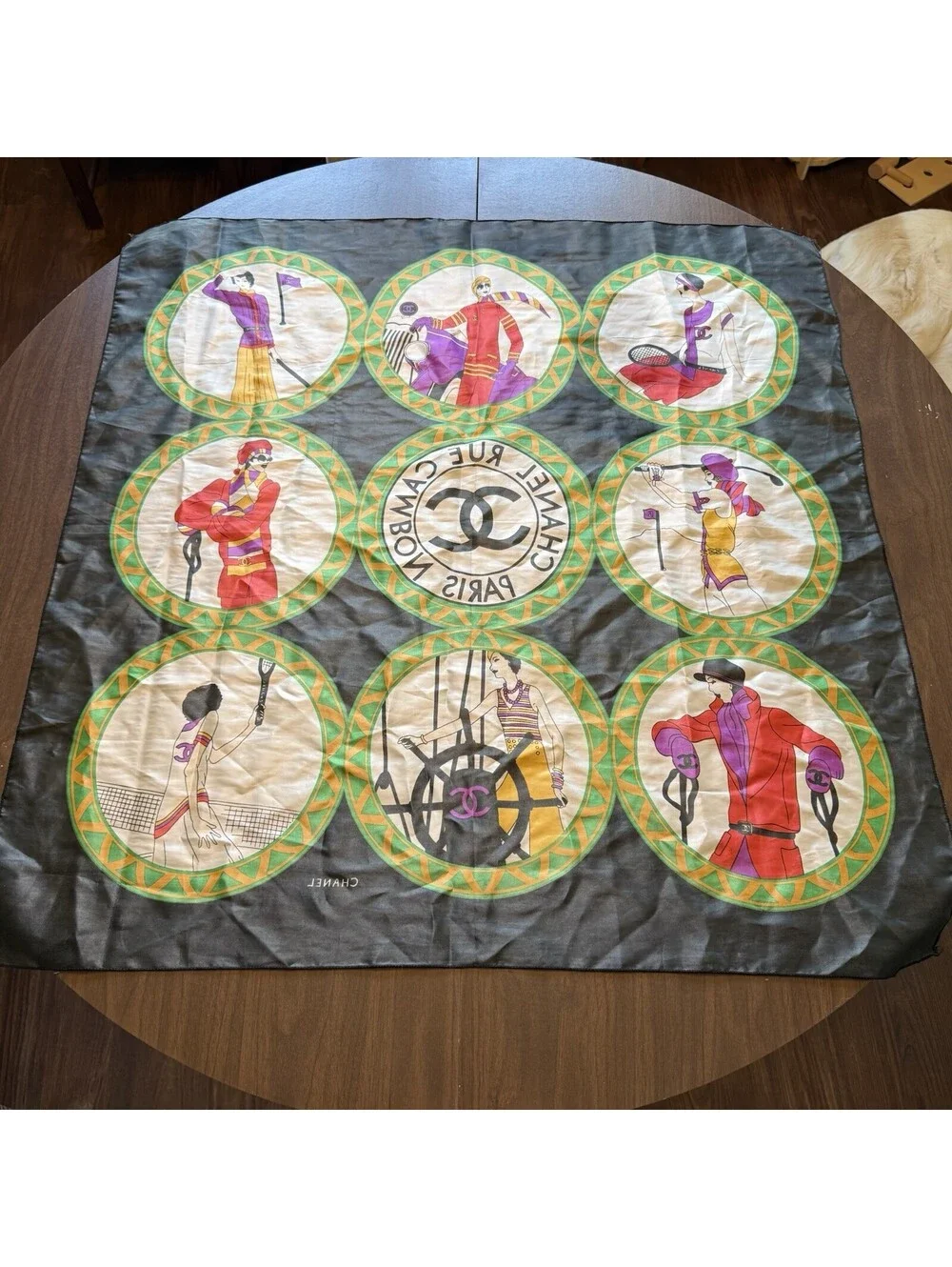Vintage 90s RARE Chanel 1920s Art Deco Sports Silk Scarf Karl Lagerfeld Designer